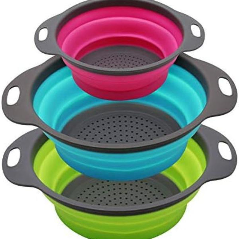 Collapsible Colander Set of 3 round Silicone Kitchen Strainer Set - Perfect for Draining Pasta, Vegetable and Fruit (Green,Blue, Purple) Utensils