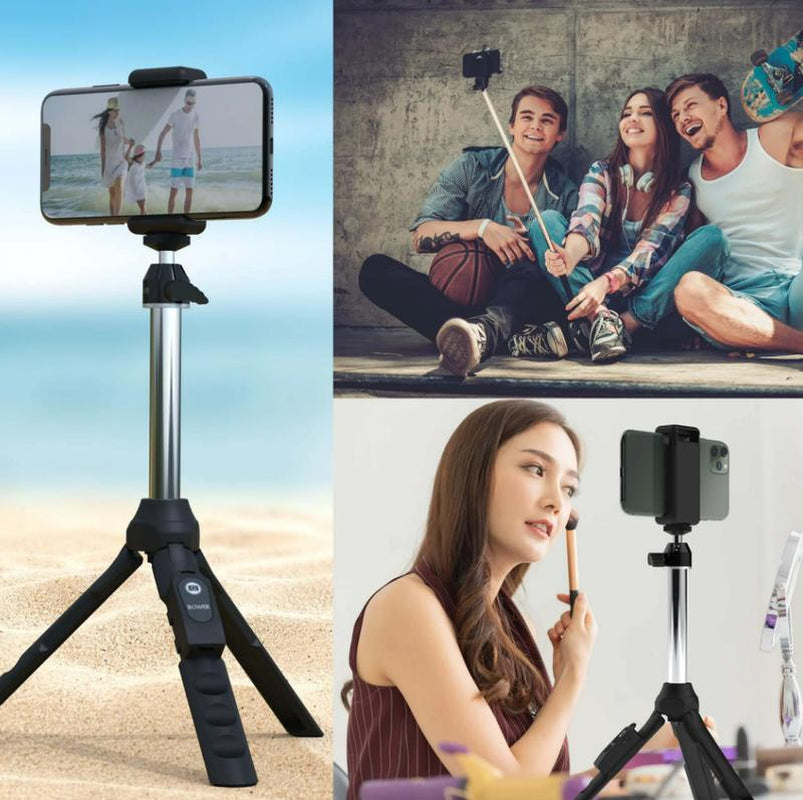 Bower 6-In-1 Multi Selfie Tripod with Smartphone & Gopro Mount, Rechargeable Wireless Remote - Black