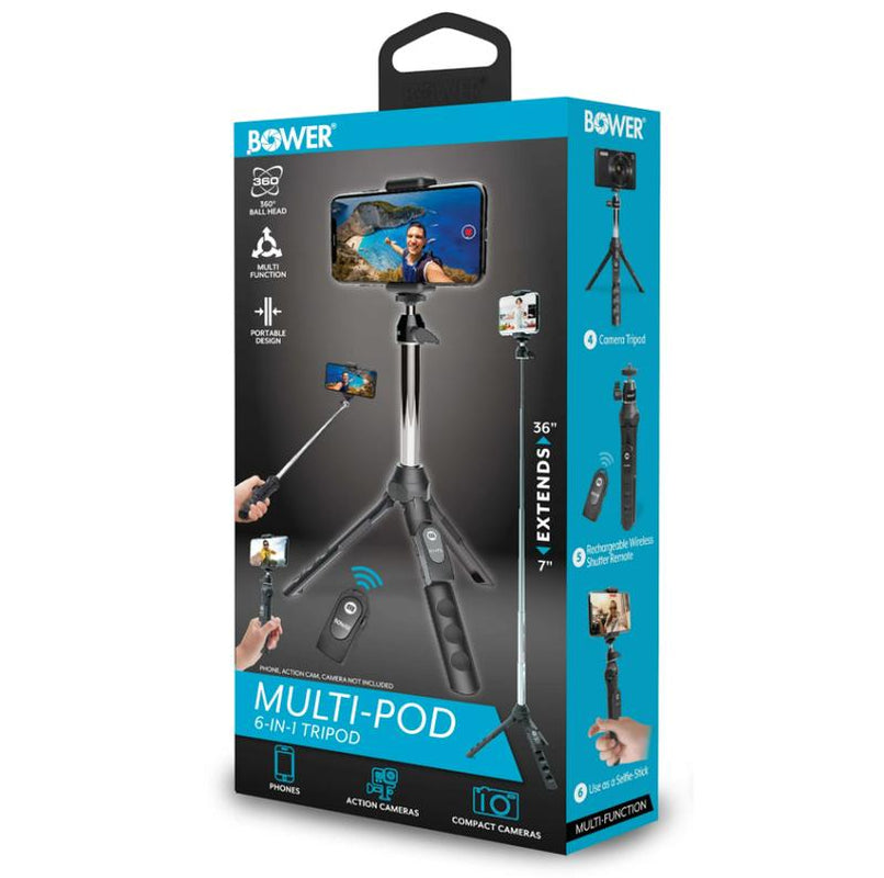 Bower 6-In-1 Multi Selfie Tripod with Smartphone & Gopro Mount, Rechargeable Wireless Remote - Black