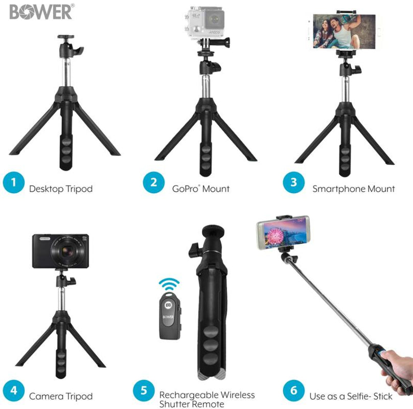 Bower 6-In-1 Multi Selfie Tripod with Smartphone & Gopro Mount, Rechargeable Wireless Remote - Black