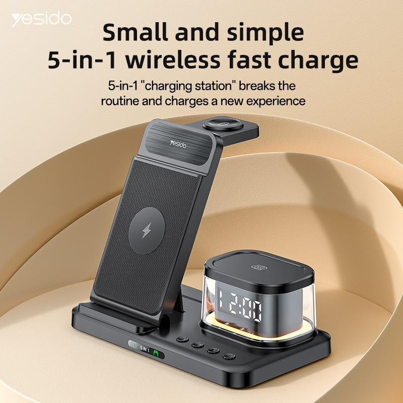 Yesido 5-In-1 Wireless Magsafe Charging Station for Apple Iphone, Iwatch, Airpod Wireless Charging Dock with Clock & Night Light for Apple