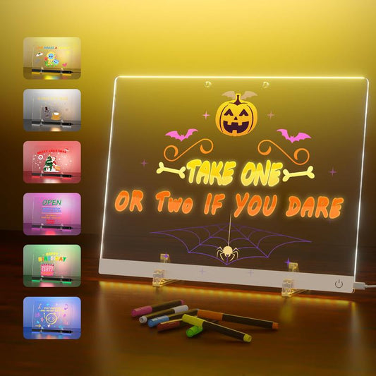 Acrylic Dry Erase Board with Light, 13.7"X10" 6-Color Neon Glow Memo LED Light-Up Message Note Board with Stand as Night Light for Room/Store/Office/Festival/Gift, Touch Control, 7 Markers Acrylic Signage Decoration Glowing