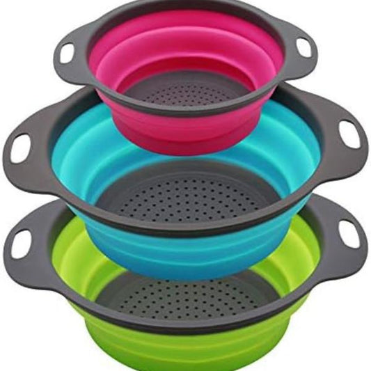 Collapsible Colander Set of 3 round Silicone Kitchen Strainer Set - Perfect for Draining Pasta, Vegetable and Fruit (Green,Blue, Purple) Utensils