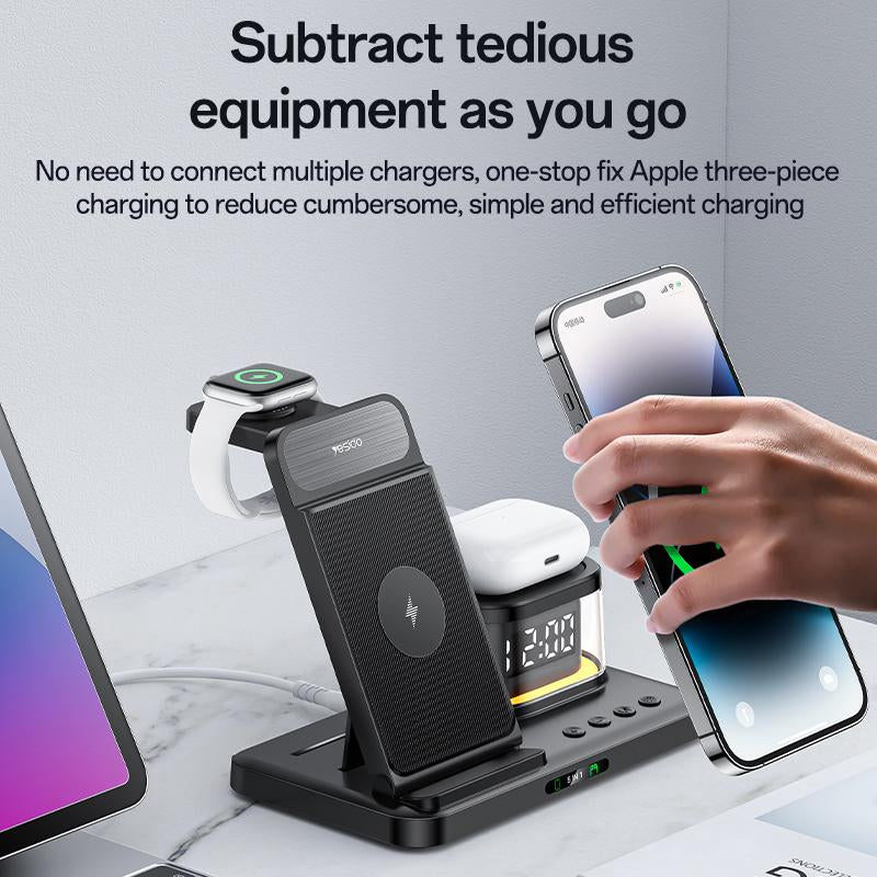 Yesido 5-In-1 Wireless Magsafe Charging Station for Apple Iphone, Iwatch, Airpod Wireless Charging Dock with Clock & Night Light for Apple