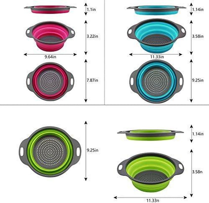Collapsible Colander Set of 3 round Silicone Kitchen Strainer Set - Perfect for Draining Pasta, Vegetable and Fruit (Green,Blue, Purple) Utensils