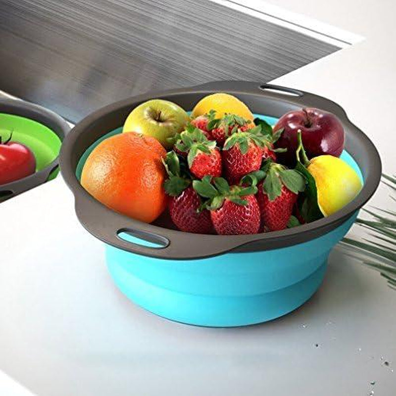 Collapsible Colander Set of 3 round Silicone Kitchen Strainer Set - Perfect for Draining Pasta, Vegetable and Fruit (Green,Blue, Purple) Utensils